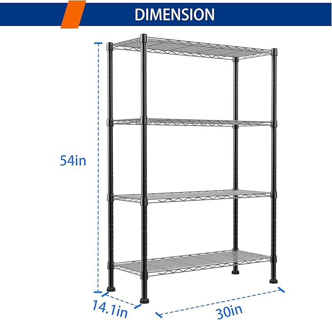 REGILLER 4-Wire Shelving Metal Storage Rack Adjustable Shelves,Standing Storage Shelf Units for Laundry Bathroom Kitchen Pantry Closet(Black,14.1" D x 30" W x 54" H)