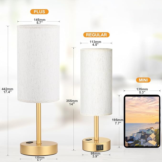 Touch Table Lamp - Cream, 3-Way Dimmable, USB A + C Charging, AC Outlet, 17.4inch Medium, Gold Metal Base