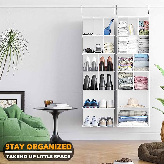 SpaceAid 2 Pack Hanging Closet Organizer and Storage with Dividers, 24 Compartments Hanging Shoe Shelves for Closet, Wardrobe, RV, Garment Rack - White