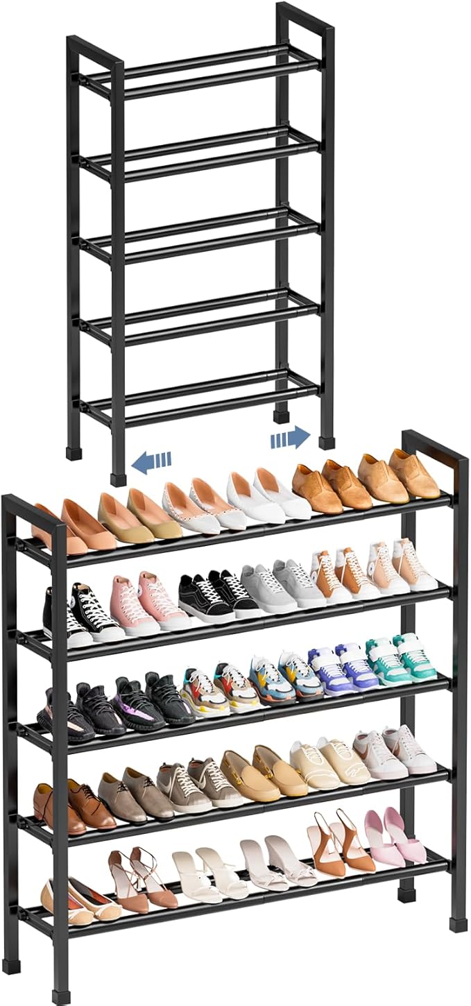 Mavivegue 5-Tier 19"-43.3" Adjustable Shoe Rack for Closet,Expandable Shoe Rack, Hall Entryway,Front Door,Garage, Sturdy Steel Space-Saving Rack, Black