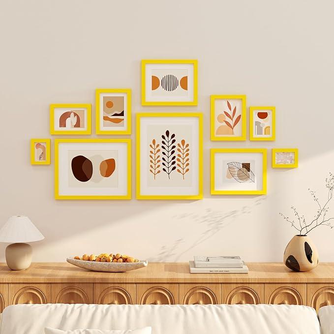 KINLINK 11x14 Picture Frame Yellow, Solid Wood Frames with Acrylic Plexiglass for Pictures 5x7/8x10 with Mat or 11x14 without Mat, Tabletop and Wall Display Photo Frame, Set of 4