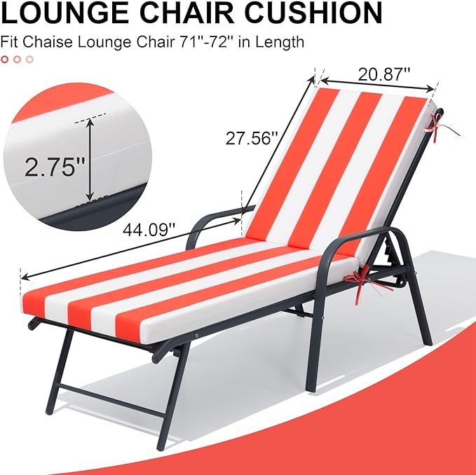 Crestlive Products Chaise Lounge Cushions Set of 2, Outdoor Cushions for Patio Furniture, Water Resistant Lounge Chair Cushion for Pool, Deck, Lawn, 72''L x 21''W, Red White Stripe