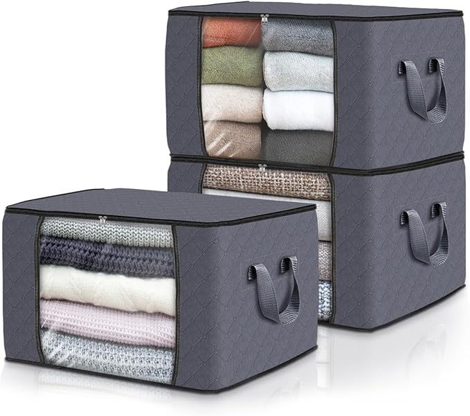 Fab totes 3-Pack Clothes Storage, Foldable Blanket Storage Bags, Containers for Organizing Bedroom, Closet, Clothing, Comforter, Organization with Lids and Handle, Grey