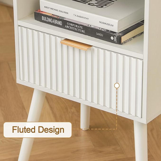 AWASEN White Nightstand, Modern Bedside Table with Fluted Drawers, Small Night Stand Bed Side Table with Solid Wood for Living Room, Bedroom, Office and Small Space (White)