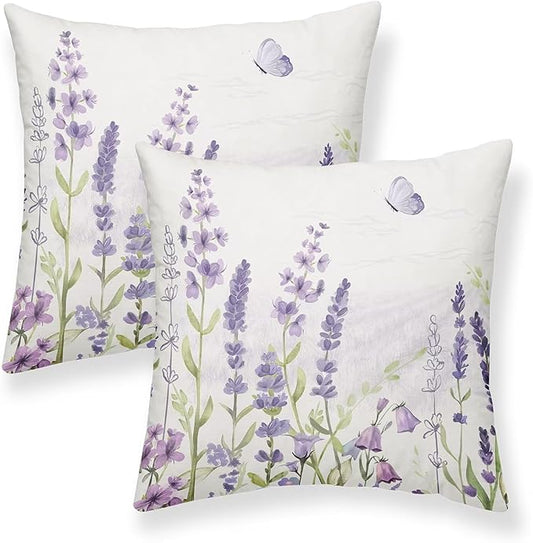 Spring Lavender Pillow Cover 24x24 Inch Set of 2 Purple Flowers Throw Pillow Covers Summer Watercolor Floral Decorations Linen Cushion Covers Farmhouse Home Decor for Sofa Couch Outdoor