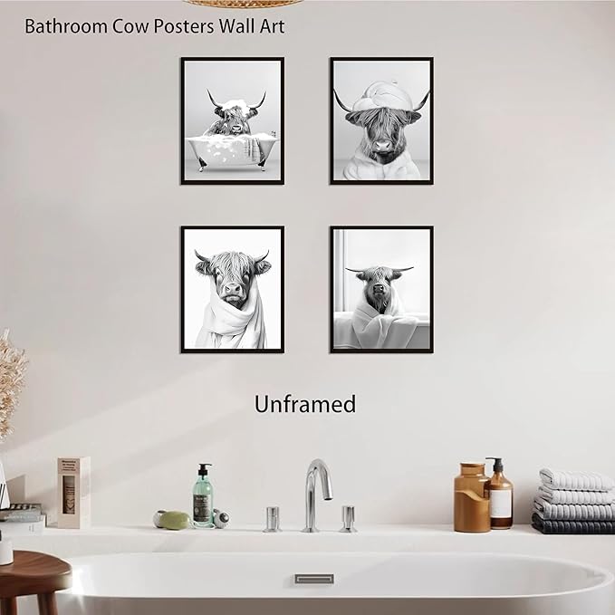 SEHSUVC Funny Bathroom Cow Posters Wall Art Set of 9, Black and White Highland Cow Canvas Wall Decor Painting, Humor Animals Pictures Prints for Bedroom Bathroom Childrenroom 8x10In Unframed