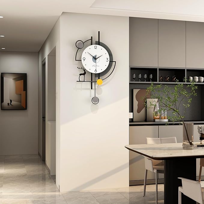 FLEBLE Large Wall Clocks for Living Room Decor Modern Pendulum Wall Clock Silent Quartz Battery Operated Non-Ticking for Bedroom Kitchen Office 24inch Black Metal Deer Clock Wall Decor for Home Indoor