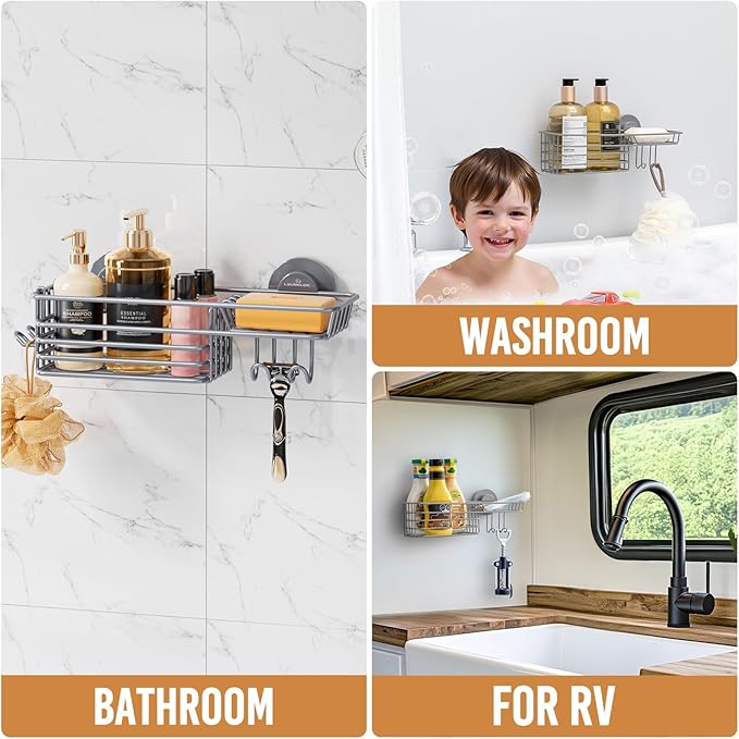 LEVERLOC Shower Caddy Suction Cup, Heavy Duty Bathroom Organizer for Inside Shower with Hooks & Soap holder， NO-Drilling Bathroom Holder-Grey