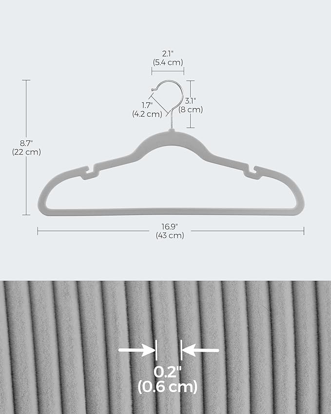 SONGMICS Velvet Hangers 50 Pack, Non-Slip Clothes Hangers, Suit Hangers with Shoulder Notches, Pants Bar, 360° Swivel Hook, Space-Saving, for Closet, Dove Gray UCRF029G50