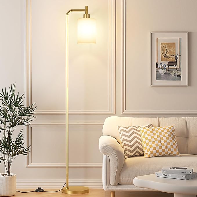 Floor Lamps for Living Room - Industrial Standing Lamp with Frosted White Glass Shade, Modern Gold Floor Lamp with LED Bulbs, Farmhouse Floor Lamp for Bedroom, Tall Lamp for Office - Gold