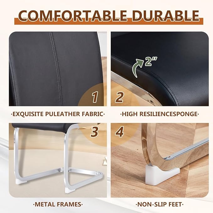 63'' Glass Dining Table Set for 6, Kitchen Table Chairs Set of 6, Clear Glass Dining Table with Black unique design Leg and Silver Metal Base, 6 PU Dining Chairs with Metal Legs, Living Room, Kitchen.