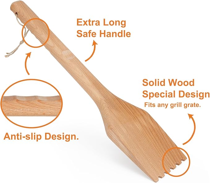 Wood Grill Scraper, Grill Scraper for Outdoor Grill, Wooden Grill Scraper with Long Handle, Grill Brush Barbecue Cleaning Tools for Grill Grates, Outdoor BBQ