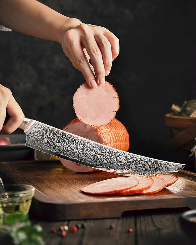 HEZHEN Slicing Knife 10 inch - Granton Carving Knives Hollow Ground Meat Knife Kitchen Long Slicer & Carver - Figured Sycamore Wood Handle - Gift Box Included - Master Series