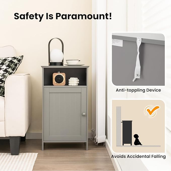 Tangkula Bathroom Storage Cabinet, Freestanding Wooden Single Door Side Floor Organizer with Adjustable Shelf, Small Bathroom Cabinet for Small Spaces, Living Room (Grey)