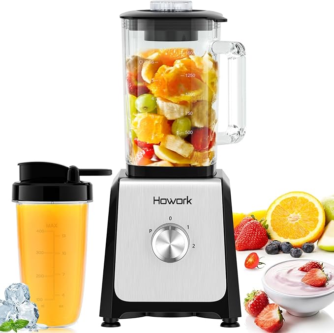 HOWORK Blender for Smoothies, 750W Personal Blender, 56 Oz Glass Jar, 16oz Portable Cups,2+p speed, 3 Functions for Smoothies, Frozen Drinks & Ice Cream,Black