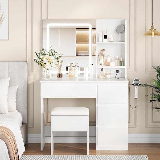 Vanity Desk with Mirror and LED Light, Vanity Desk with 4 Drawers, Power Outlet, Storage Stool, Storage Shelves & Hair Dryer Holder, Adjustable 3 Lighting Mode, Makeup Vanity Set for Bedroom, White