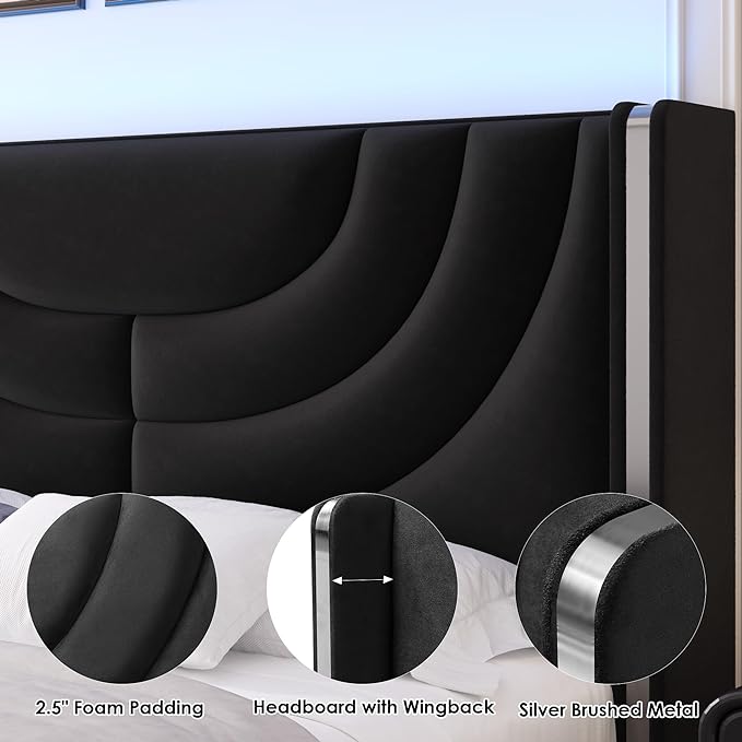 HITHOS King Upholstered LED Bed Frame with 2 Storage Drawers, Velvet Platform Bed with Wingback Headboard, Solid Wooden Slats Support, No Box Spring Needed, Headboard Splicing Design