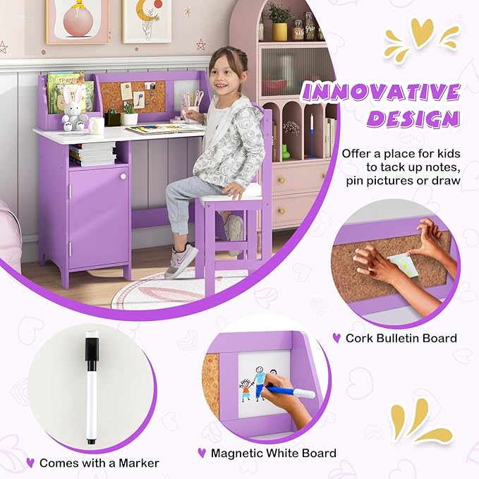 Costzon Kids Desk and Chair Set, Wooden Children Study Table with Storage, Hutch, Cork Bulletin Board, Whiteboard & Marker, Student Computer Workstation Writing Desk for Kids Bedroom, School, Purple