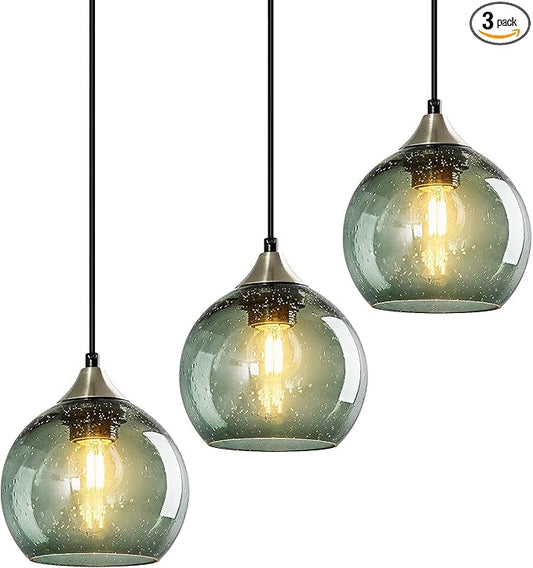 Gray Green Glass Pendant Lights Kitchen Island Lighting Globe Pendant Light Fixtures Modern Pendant Lighting for Kitchen Island Bedroom Living Dining Room Light Fixture(5.9in, 3-Pack)