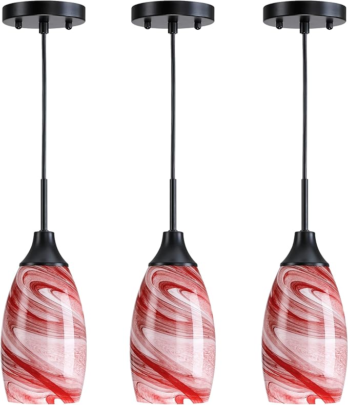 Mini Glass Pendant Light 4.72" with Handblown Burgundy Marble Art Glass Hanging Light 3-Pack Oval Ceiling Hanging Light Fixture for Dining Room Kitchen Island Cafe Foyer Hallway