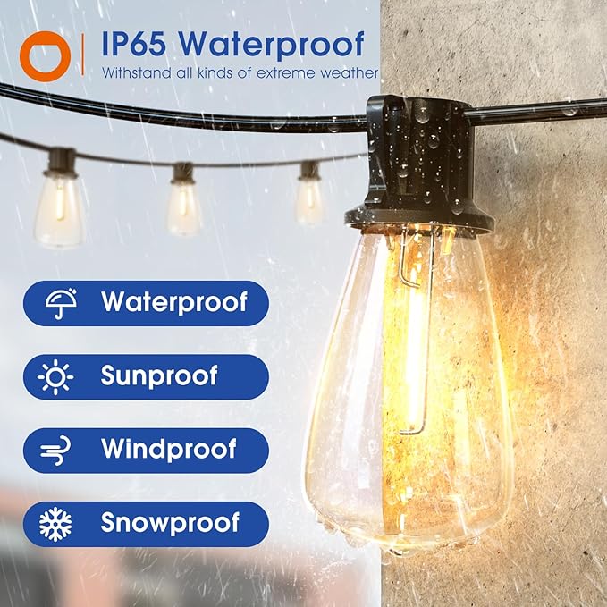 addlon 150FT(50FT*3) LED Outdoor String Lights Waterproof Patio Lights with 48 Shatterproof ST38 Replaceable Bulbs(3 Spare), Dimmable Outside Hanging Light Connectable for Porch, Backyard, 2200K