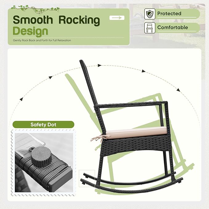 Flamaker Rocking Chair Outdoor PE Rattan Patio Chairs with Glass Table High Back Porch Rocker for Balcony, Garden, Backyard (Beige)