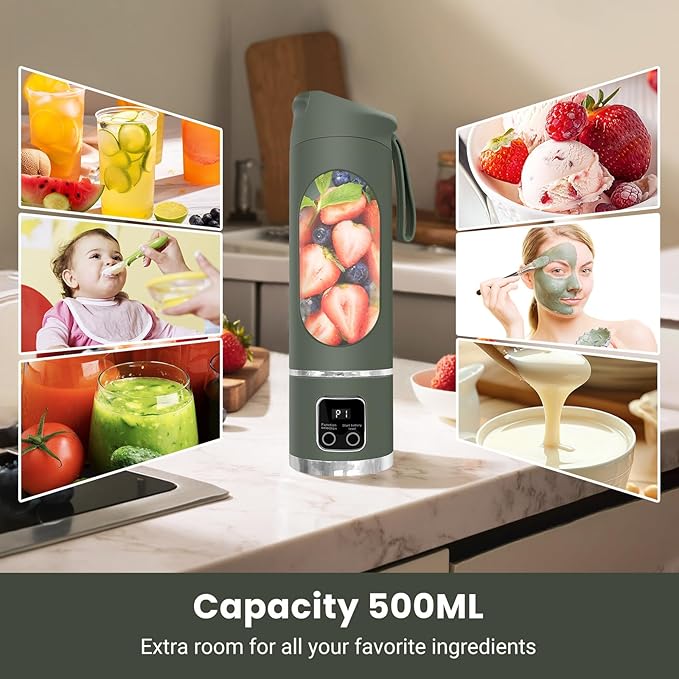 Portable Personal Electric Blender，500ML Portable Shakes and Smoothies Blender，Small Blenders、Mixing、Compact、Convenient and Versatile(Green)