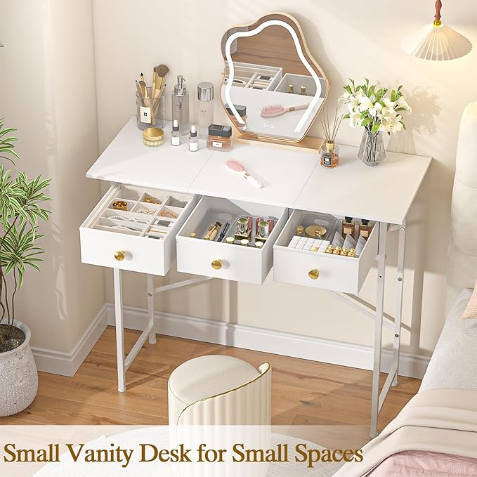 Small Makeup Vanity Desk No Mirror, 37.2 Inch Vanity Desk with 3 Drawers, Girls Vanity Dressing Table for Bedroom, Small Vanity for Small Spaces, White