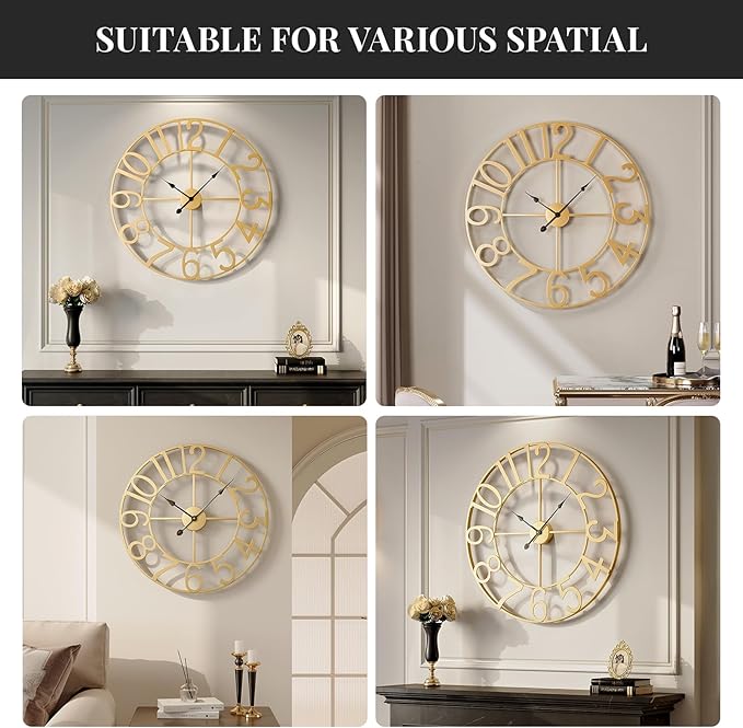 Large Wall Clock, 20 Inch Gold Decorative Wall Clocks Battery-Operated, Modern Metal Round Clock Silent Non Ticking Arabic Numerals for Living Room Kitchen Mantel Office Decor