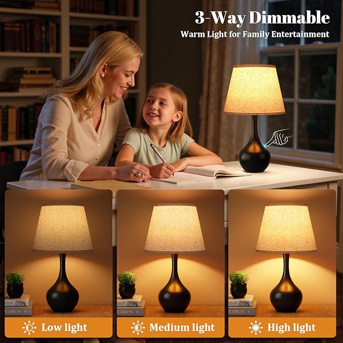 Seealle Touch Table Lamp for Bedroom, 3-Way Dimmable Small Bedside Lamps for Night Stands with Wires, Black Desk Lamp for Kids Room, Office, Living Room, End Table(LED Bulb Included)
