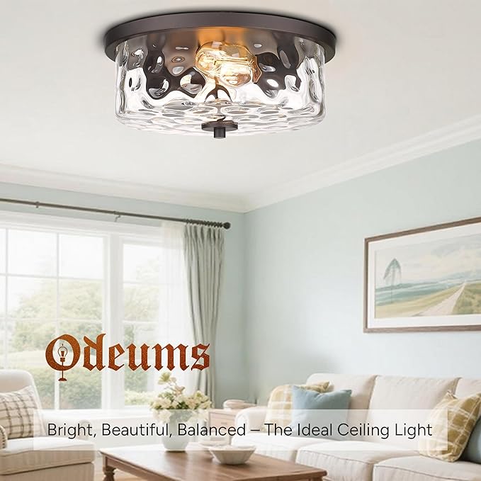 Indoor Flush Mount Lights, 2-Light Interior Hammered Glass Ceiling Fixture, Antique Bronze for Hallway, Dining Room, Kitchen