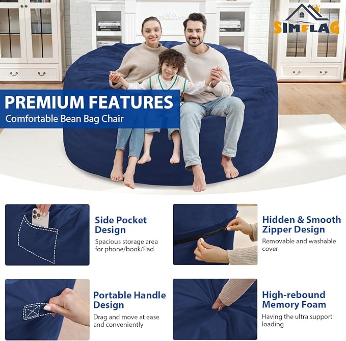 5FT Bean Bag Chair, Large Bean Bag Chairs with Memory Foam Filled, Fluffy Beanbag Sofa with Dutch Velvet Cover, Round BeanBag Chairs for Living Room, Playroom - Blue