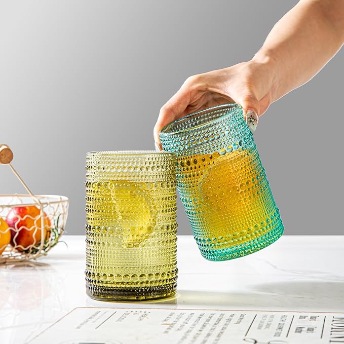 Set of 8 Hobnail Drinking Glasses Colored Vintage Glassware - 4 Highball Glasses 14 oz, 4 Rocks Glass Cup 11 oz, Embossed Old Fashioned Glassware for Water, Juice, Wine, Beer (4 Colors)