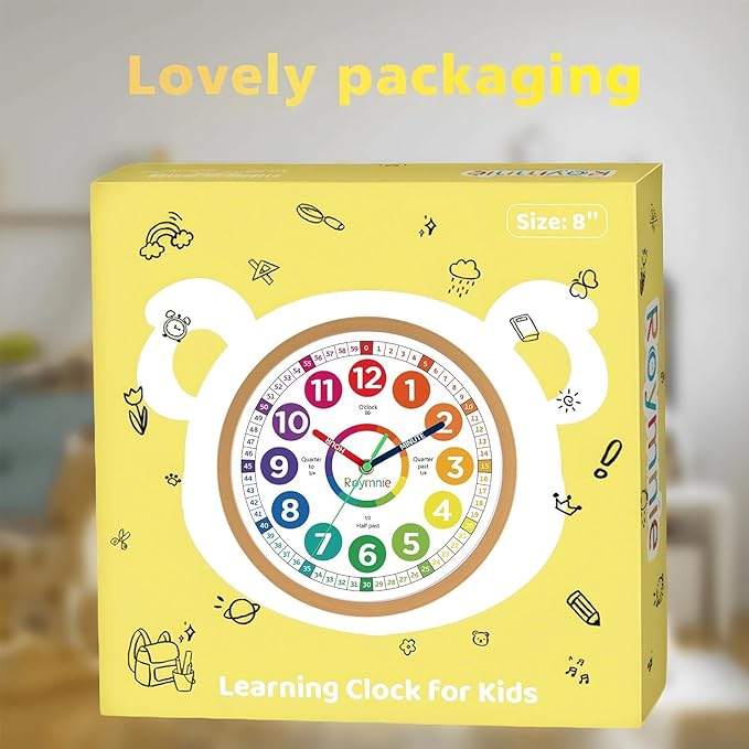 Wall Clock for Kids Learning to Tell Time Analog Non Ticking Battery Operated Kids Small Teaching Clock Silent Colorful Teaching Time Clock for Kids Room Classroom School（8 Inch）