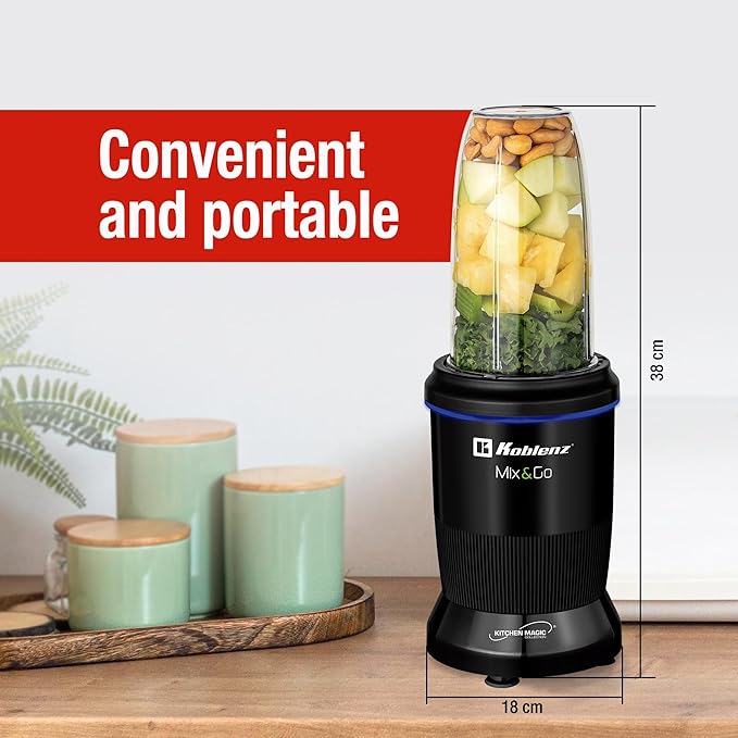 Koblenz Mix&Go Personal Blender, Portable Size Blender for Shakes and Smoothies with Auto-Stop Function, 1000w Motor, Stainless Steel Blades, To-Go Cup, Easy to Clean, Black