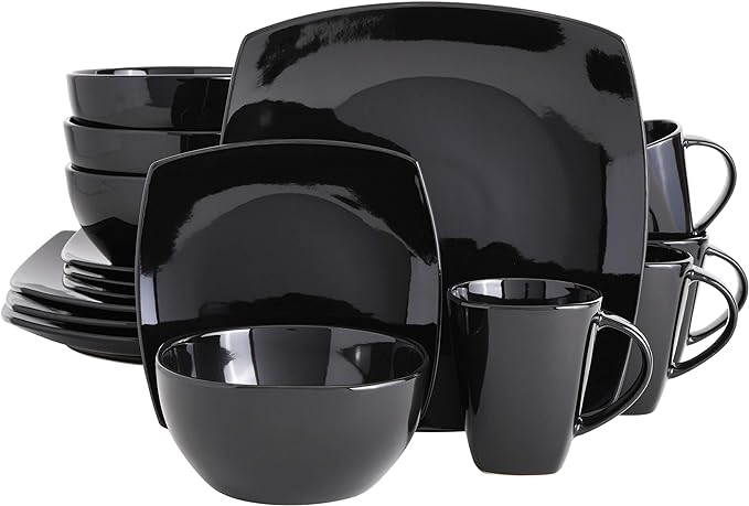 Gibson Elite Soho Lounge Square Reactive Glaze Stoneware Dinnerware Set, Service for 4 (16pc), Black