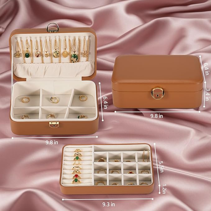 Travel Jewelry Case With Lock, 2-Layer PU Leather Jewelry Box for Women, Ring Box and Jewelry Organizer, Large Jewelry Travel Case,Best Gifts for Women for the Holidays(Brown)