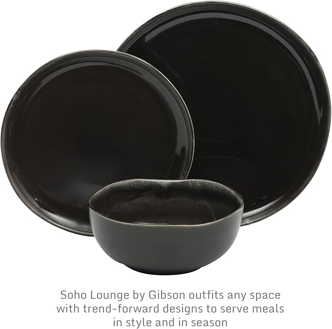 Gibson Elite Nardini 12 Piece (Service for 4) Plates and Bowls Reactive Glaze Dishes Stoneware Ceramic Dinnerware Set - Black