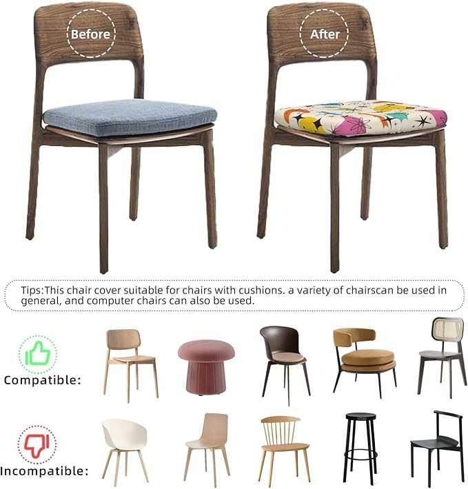 Seat Covers for Dining Room Chairsset of Set of 4, 1950'S Mid Century Modern Stretch Chair Seat Covers Cushion Slipcovers for Kitchen Office