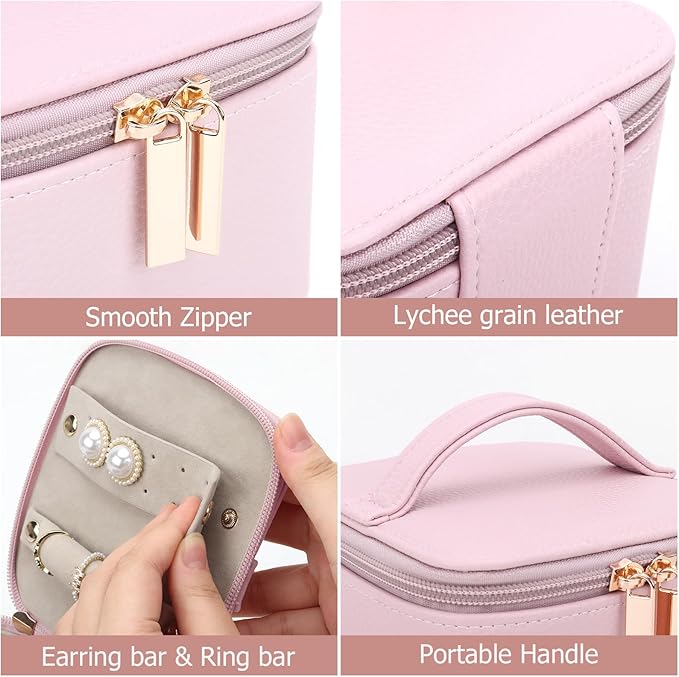 DesignSter Small Jewelry Box, Travel Small Jewelry Organizer with Earring Tray and Ring Holder,Square Travel Jewelry Storage Case with 6 Velvet Jewelry Pouches, Pink
