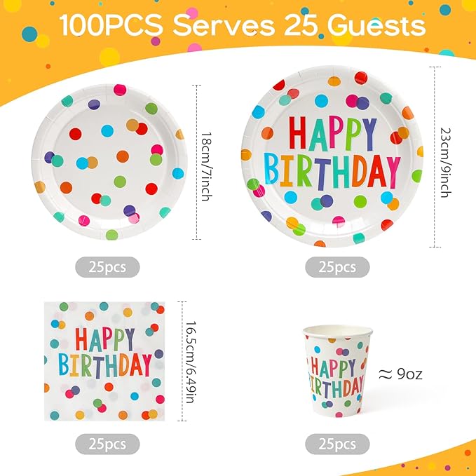 100pcs Birthday Party Plates Disposable Tableware Set Colorful Polka Dots Paper Plates for 25 Guests Party Supplies Baby Shower(Include 7" & 9" Plates, Cups and Napkins)