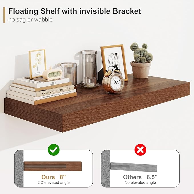 Heimlove Walnut Bathroom Shelves Floating Shelves for Wall Shelf Over Toilet Long Wall Mounted Modern Farmhouse,48 x 12 Wall Shelves with Invisible Brackets for Living Room, Kitchen, Bedroom