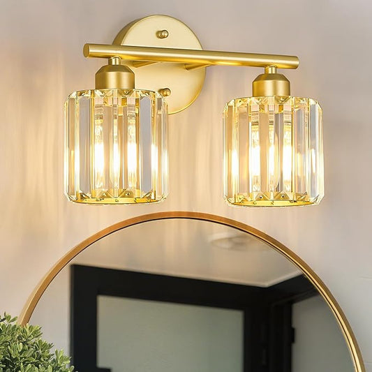 Modern 2 Light Crystal Vanity Light, Gold Vertical Bathroom Light Fixture Over Mirror for Dressing Table Sink, Compatible with Dimmable Bulbs (Bulbs Not Included)