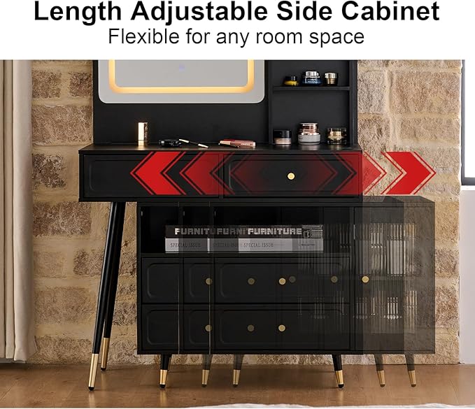 Merax 58" Large Vanity Desk with Mirror and Lights, Modern Black Makeup Vanity Set with Stool and Power Outlet, Retractable Dressing Table with Drawers and Side Cabinet for Bedroom, 3 Color Mode