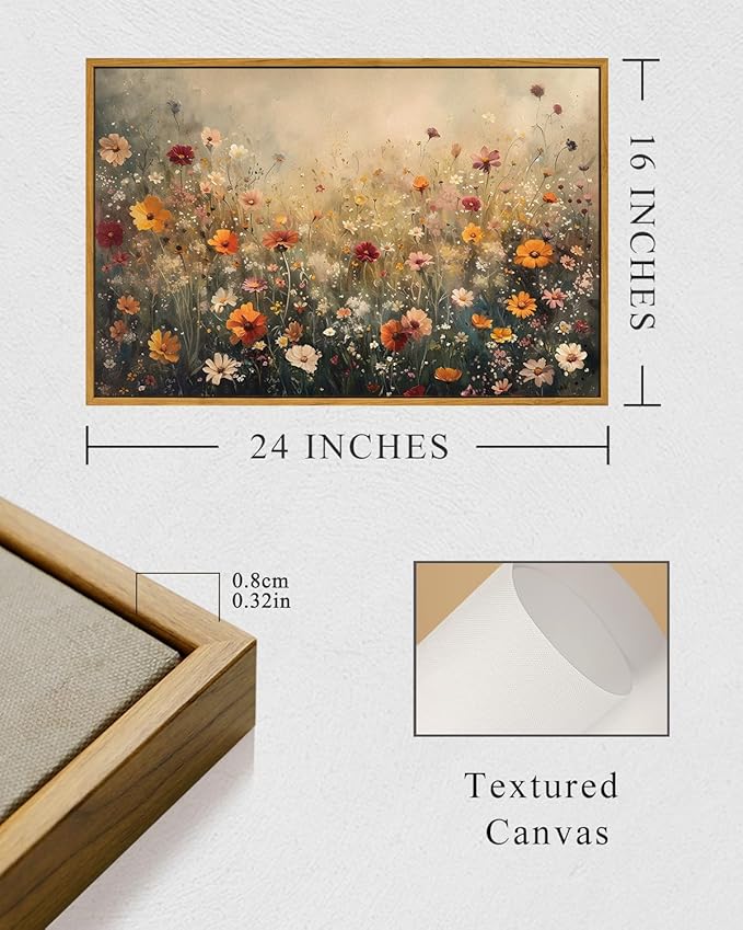 InSimSea Framed Canvas Wall Art Vintage Decor, Wall Decor for Living Room Bedroom Office Bathroom, Large Nature Landscape Flower Wildflower Oil Painting Prints, Home Decorations, 16x24inch