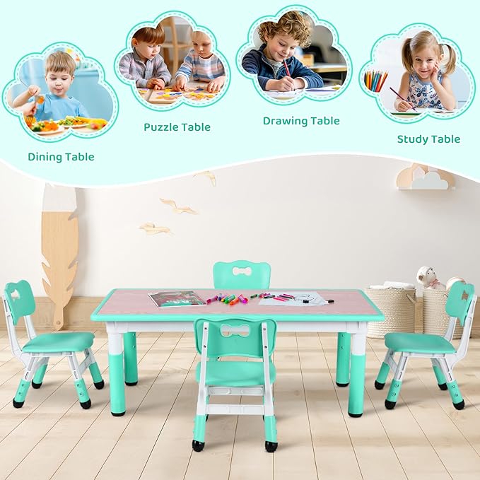 Arlopu Kids Table and 4 Chair Set, Height Adjustable Toddler Table and Chair Set, Non-Slip Legs, Graffiti Desktop, Large Children Activity Table, Reading Daycare Classroom Home (Light Green)