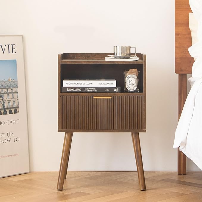 AWASEN Mid Century Modern Nightstand, Wood Bedside Table with Fluted Drawers, Rustic Night Stand Bed Side Table with Solid Wood for Living Room, Bedroom, Office and Small Space (Rustic Brown)