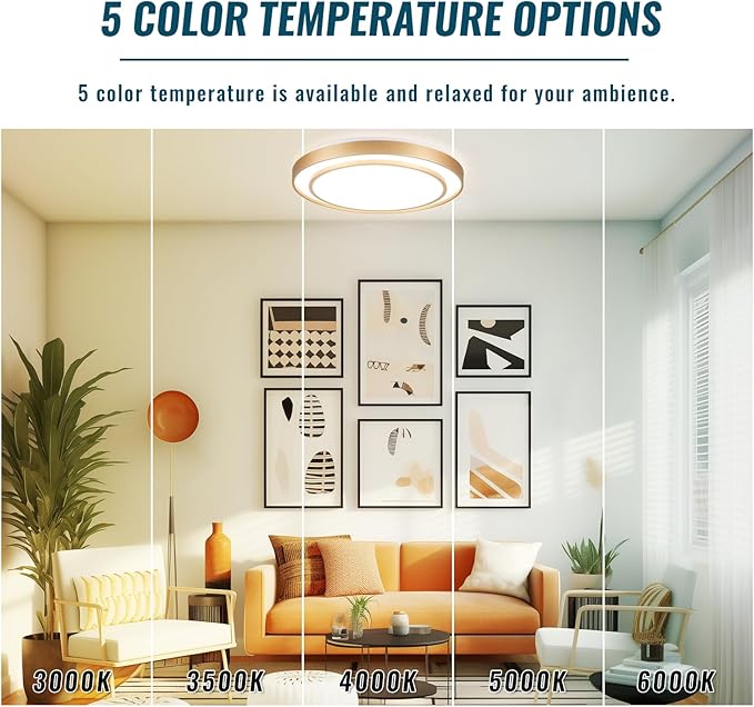 20 inch Flush Mount Ceiling Light Fixture LED 36W, Gold Dimmable Fixture Ceiling Mount Overhead, Modern Close to Ceiling Light 5CCT for Living Room,Kitchen, Bedroom