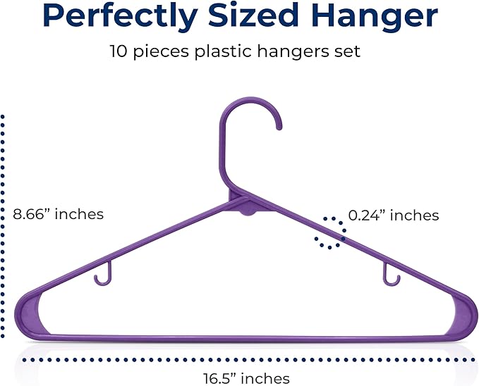 SereneLife Premium 10 Pack Plastic Hangers, Lightweight, Durable, Space Saving Clothes Organizers, Suitable for Shirts, Sweaters, Hoodies, Dresses, Kids Clothes, Good for Home Organization (Purple)