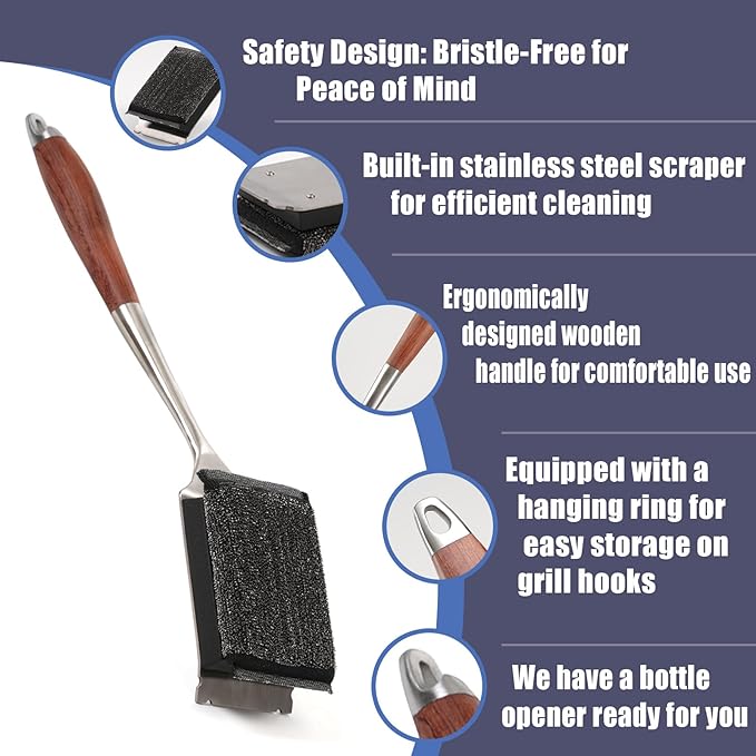 Bristle-Free Grill Brush with Steam Cleaning - Heat-Resistant Aramid Fiber Pad & 1 Replaceable Head 16 Inch Long Wood Handle- Safe for All Types Grills,Ideal Gift for Dads
